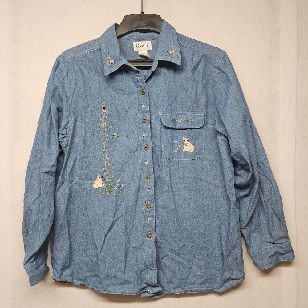 Vintage Graff Denim Long Sleeve Shirt Cat Embroidery Women's Size L Blue